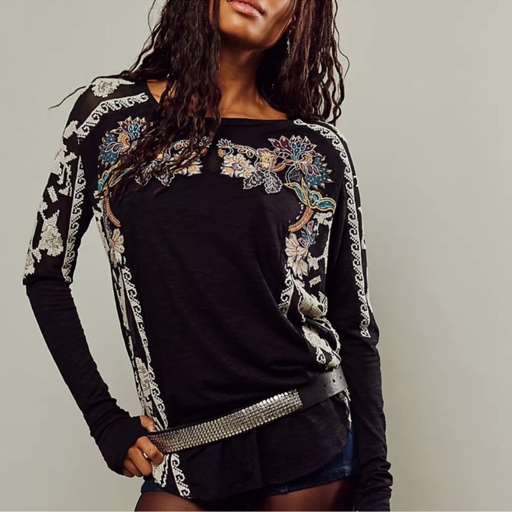 FREE PEOPLE TALL TALES EMBROIDERED JEWELED TOP BLACK FLORAL XSMALL
